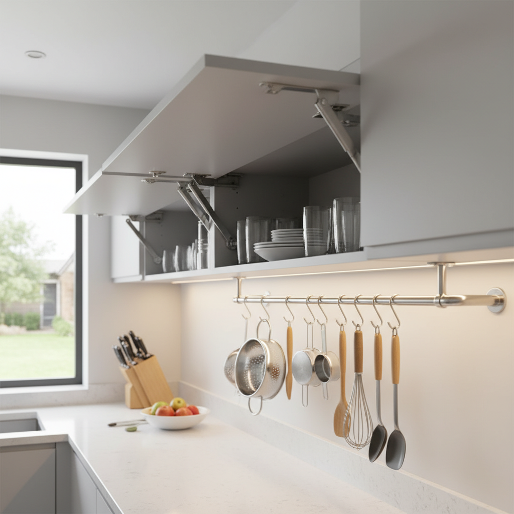 Closet Hanging Rod For Kitchen Cabinets And Lift-Up Cabinet Doors
